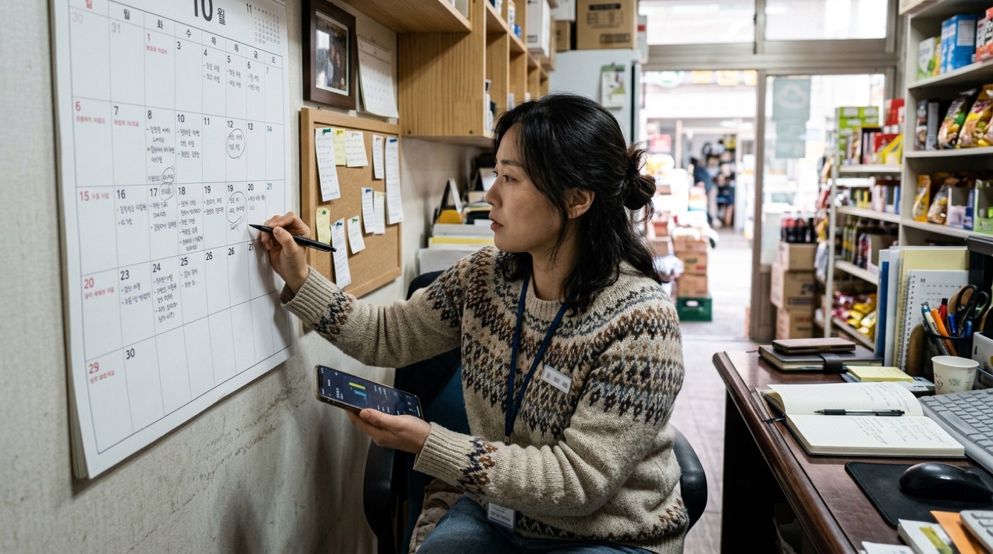 세금 고지서와 계산기를 놓고 납부 금액을 확인하는 사장님