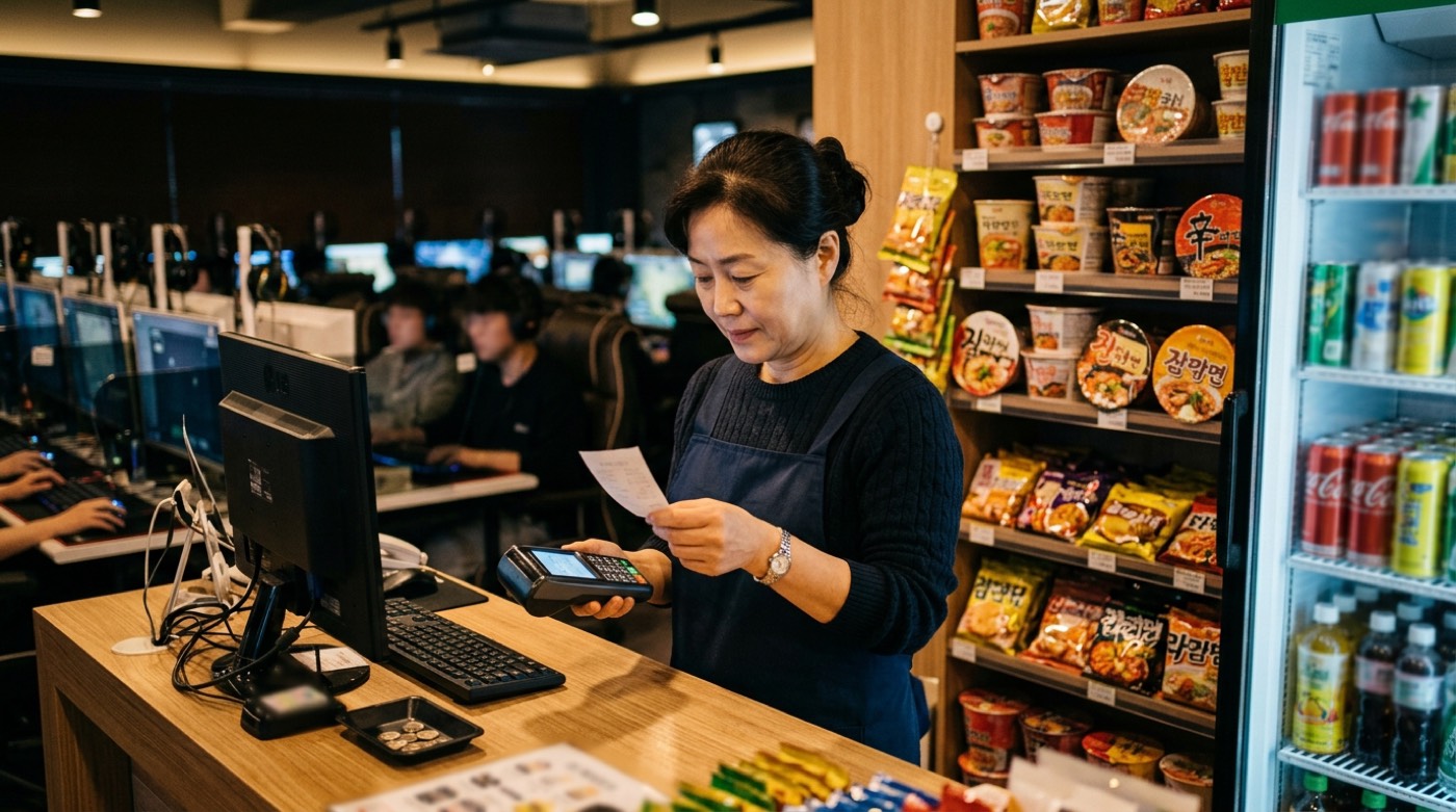 PC방 카운터에서 충전 매출을 확인하는 사장님