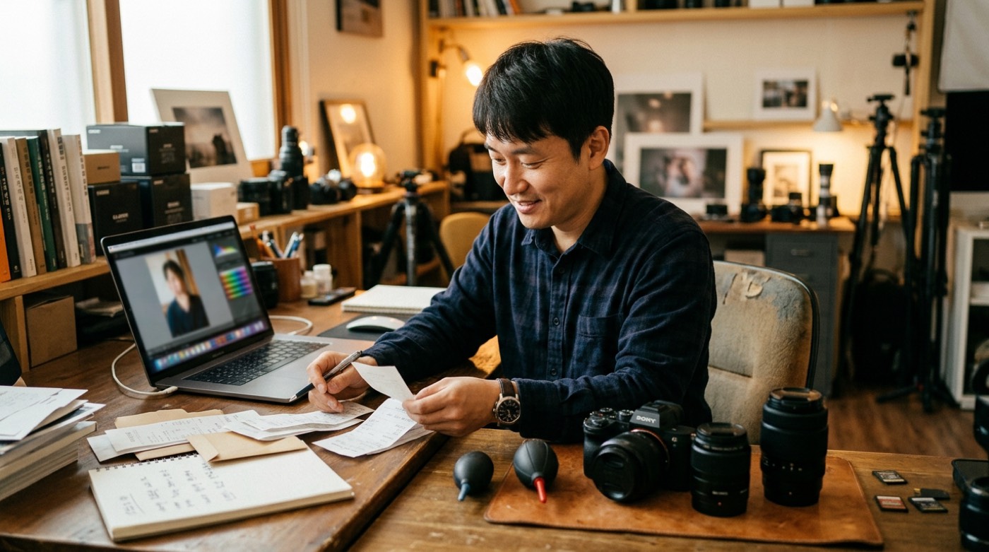 스튜디오 조명 장비를 점검하는 사진관 사장님