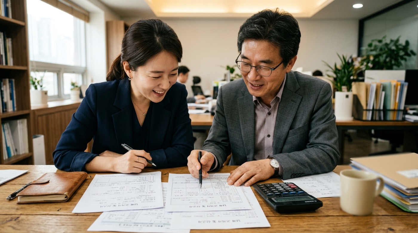 중소기업 대표가 사무실에서 세액감면 서류를 검토하는 모습