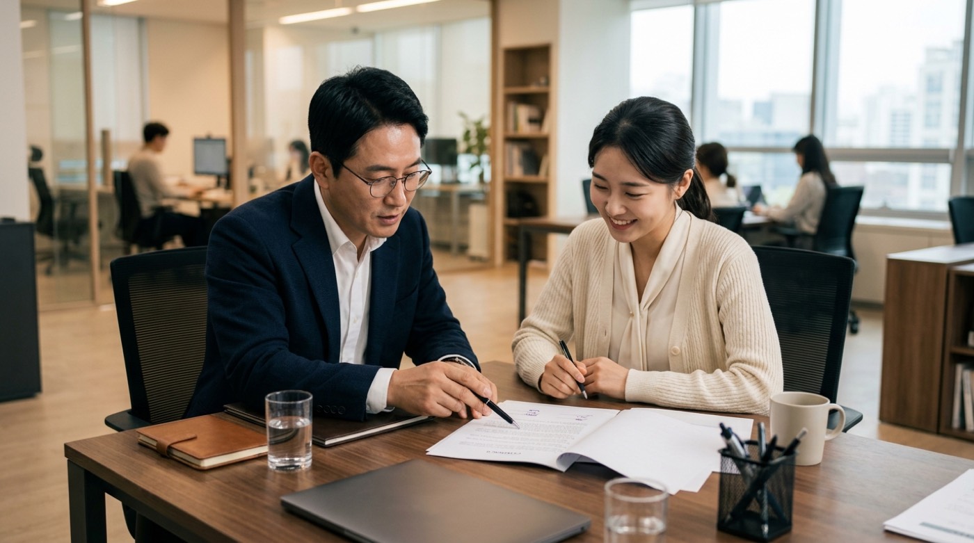 첫 직원과 근로계약서를 확인하는 창업자