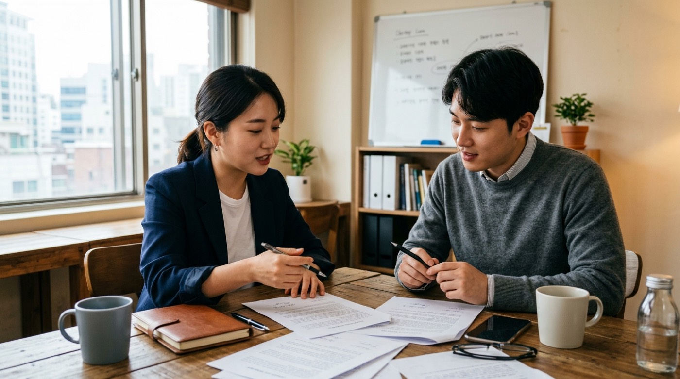 병적증명서와 사업자등록 서류를 살펴보는 창업 준비자